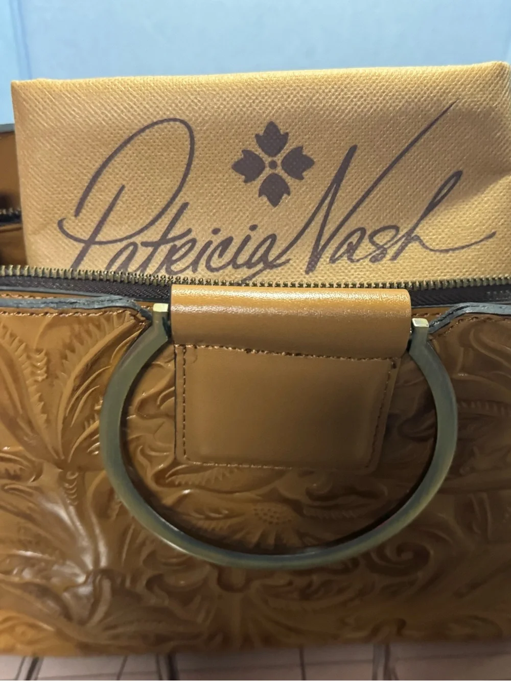 Patricia Nash Cognac Tooled Floral Leather Satchel